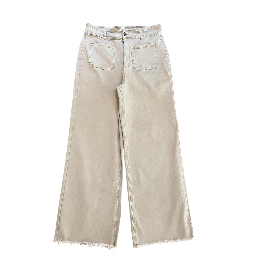OAT New York Womens 12 31 High Rise Wide Leg Patch Pocket Raw Hem Jeans Oatmeal
